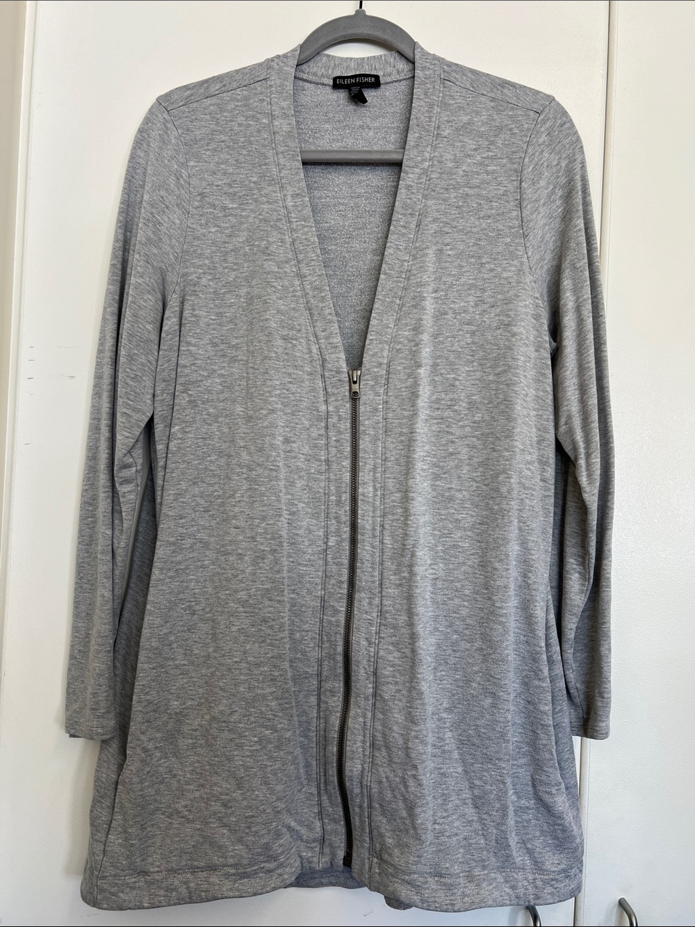 Eileen Fisher Light Grey Gray Zip-Front Long Cardigan Sweater Large Tencel